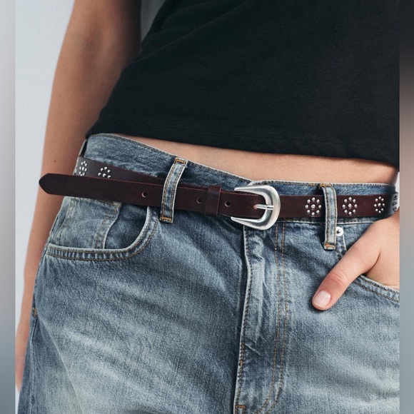 NWOT. Zara Brown Leather Studded Slim Belt. Size 34.